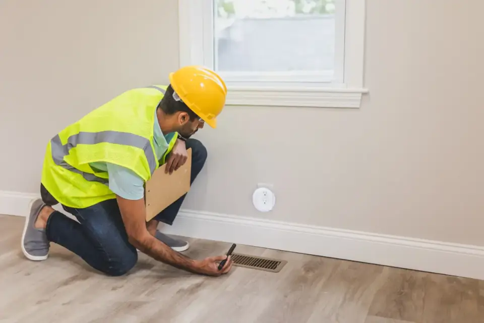 Contractor kneeling to inspect a floor before starting work